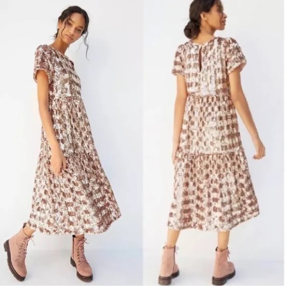 Anthropologie Maeve Bernadette Rose Gold Sequin Tiered Midi Dress